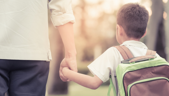 A father and son holding hands as they walk through a park