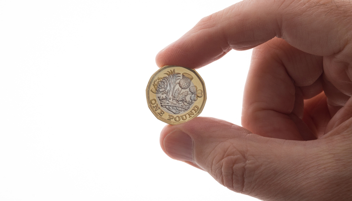A hand holding up a 12-sided £1 coin.