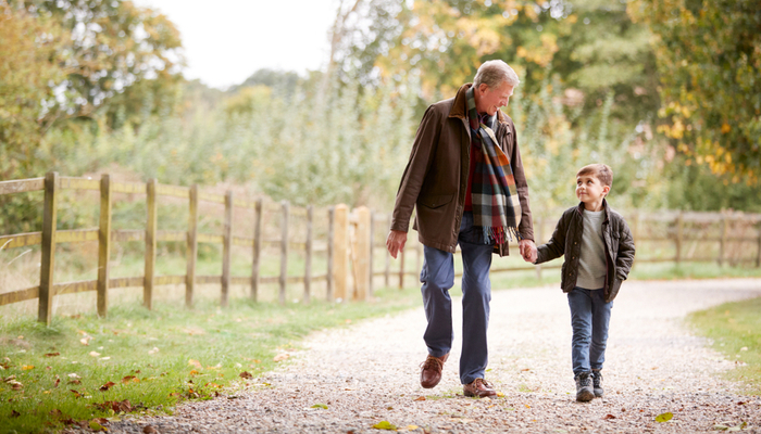 Grandfather walking with grandson in the countryside