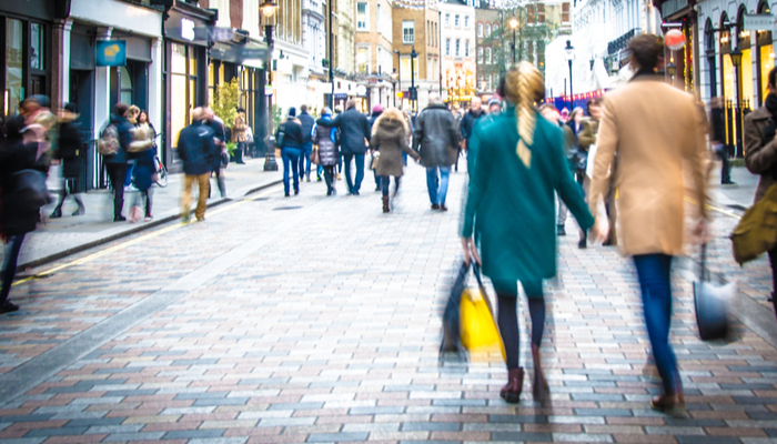 A busy high street in the UK.