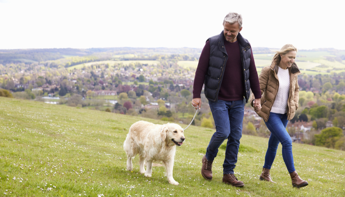 A couple walking their dog.