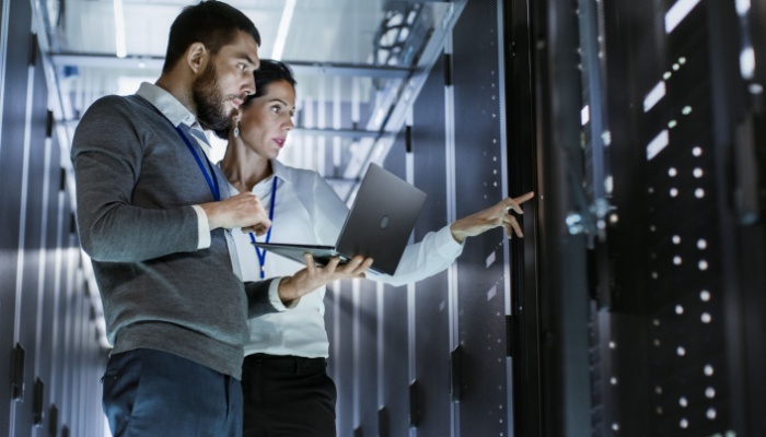 Workers in a data centre.